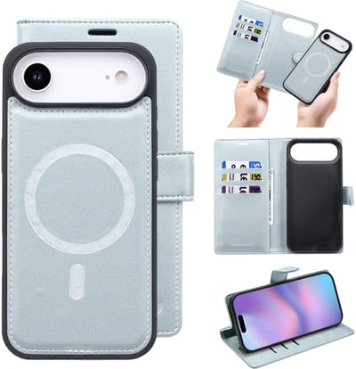 Casemania Hoesje Geschikt voor Apple iPhone 17 Air - Baby Blue - 2 in 1 Bookcase met Velvet Finish - Geschikt voor MagSafe - Magnetisch Portemonnee Telefoonhoesje met Pasjeshouder en Afneembare Cover - Kunstleer Wallet Case - Blauw