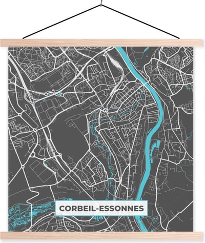 Posterhanger incl. Poster 40x40 cm - Schoolplaat - Plattegrond - Stadskaart - Kaart - Frankrijk - Corbeil-Essonnes - Textielposter - Blanke latten - Stadskaart