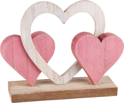 Dekoratief | Trio harten op voet, roze/wit, hout, 20x6x16cm | A230683