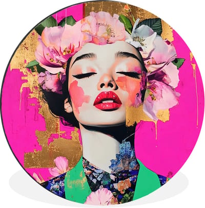 WallCircle - Wandcirkel - Muurcirkel - Bloemenkroon - Goud - Vrouw - Portret - Aluminium - Dibond - 30x30 cm - Binnen en Buiten