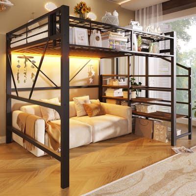 Hoogslaper 140 x 200 cm, Metalen Bed, Opstapje, Gaaselementen, Opbergmand, Open Opbergruimte Onder het Bed, met Led-lichtstrip, Kinderbed Exclusief Matras-Zwart