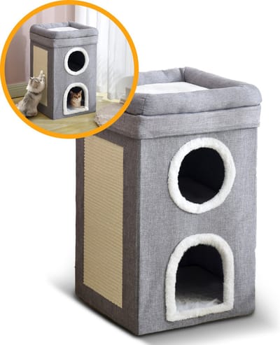 MIRO® Kattenhuis - Kattenmand - Krabton Met Krabpaal - Opvouwbaar - Kattenhuizen - Kattenhok - Dierenhuis - Met Krabmat - Grijs