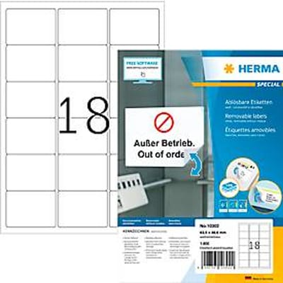 Herma adresetiketten Speciaal Nr. 10302, 63,5 x 46,6 mm, zelfklevend, verwijderbaar, bedrukbaar, wit, 1800 stuks op 100 vellen