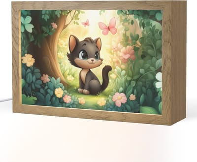 Nachtlampje 30x20 cm - Kinder lampje - Kat - Zwart - Bos - Vlinders - Tafellamp kinderkamer - Slaapkamer lamp - Bedlamp kinderen - Kinderlampje stopcontact - Wandlamp babykamer - Nachtlampjes