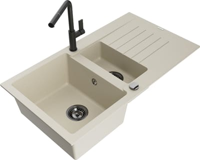 Mexen Matias granieten spoelbak 1,5-komers met afdruiprek en keukenkraan Flora, beige - 6502-69-670401-70-B