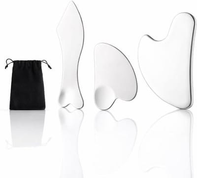 Gua Sha Gezichtsgereedschap van roestvrij staal, 3 stuks met opbergtas voor lymfemassage en huidverzorging