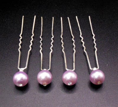 Haarpinnen parel violet kleur met strass steentje per 4 stuks.