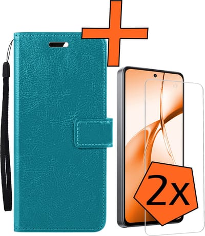 Hoes - Met 2x Screenprotector - Geschikt voor OnePlus Nord CE4 - Luxe Pasjeshouder - Bookcase Portemonee - Flip Case - Kunstleer Book Case - Flipcase Hoes - Book Cover - Walletcase - PortemonneeHoes - Turquoise