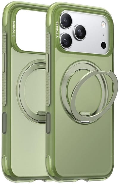 TORRAS Hoesje Geschikt voor Apple iPhone 17 Pro Max - Ostand O3 Air Spin - Compatibel met MagSafe / Qi2 - Back Cover met Magneet - 360° Draaibare Ring Standaard - Groen