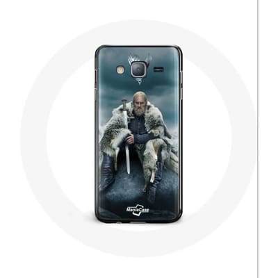 Hoesje voor Samsung Galaxy j3 2016 Vikings Series Seizoen 6 Ragnar Lothbrok logo V Zwaard Grijze Broui Achtergrond