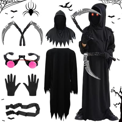 Dailygoods- Halloween-kostuum Grim Reaper - zwarte enge mantel - dubbele zeisen - felrode ogen - kinderset - voor griezelige feestjurken (95 cm) - Griezelkostuum