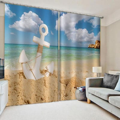 2 stuks Zomer Strand Zeester Gordijnen Blauw Oceaan Landschap Gordijn voor Slaapkamer Woonkamer Keuken Hal Tropische Gordijnen Woondecoratie W60H60(CM)x2PCS&Grommet Top