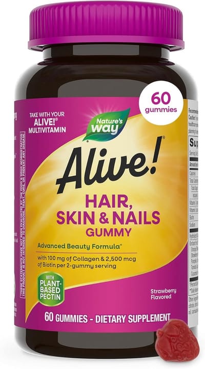 Nature’s Way Alive! Hair, Skin & Nails Gummies – Strawberry – 60 Gummies – Met Biotine & Collageen – Supplement voor Haar, Huid & Nagels