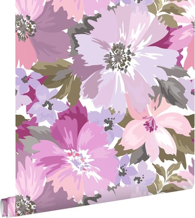 ESTAhome behang bloemen lila paars en olijfgroen - 50 x 900 cm - 131263