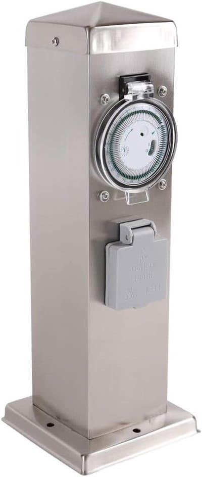 Roestvrijstalen buitensteunkolom met 2 wandcontactdozen en programmeerbare timer hoogte 35 cm