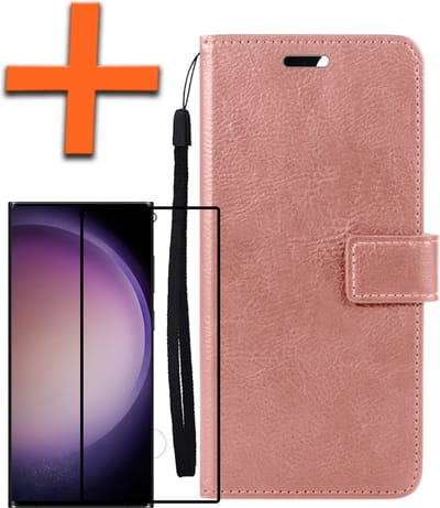 Hoes - Met Screenprotector - Geschikt voor Samsung Galaxy S23 Ultra - Luxe Pasjeshouder - Bookcase Portemonee - Flip Case - Kunstleer Book Case - Flipcase - Book Cover - Walletcase - PortemonneeHoes - Rosé goud