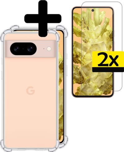 Hoesje - Met Screenprotector - 2 Stuks - Geschikt voor Google Pixel 8 - Sterk & Shockproof - Siliconen Case - Back Cover - Telefoon Hoes - Shock Proof - Telefoonhoesjes - Transparant
