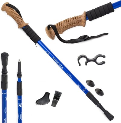 Energia Nordic Walking Wandelstokken - handvat Kurk - Blauw - Tüv gekeurd - Telescopisch en Antishock - Set van 2 stokken met clip, tas en extra tips