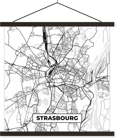 Posterhanger incl. Poster 60x60 cm - Schoolplaat - Stadskaart - Strasbourg - Frankrijk - Kaart - Plattegrond - Zwart wit - Textielposter - Zwarte latten - Stadskaart
