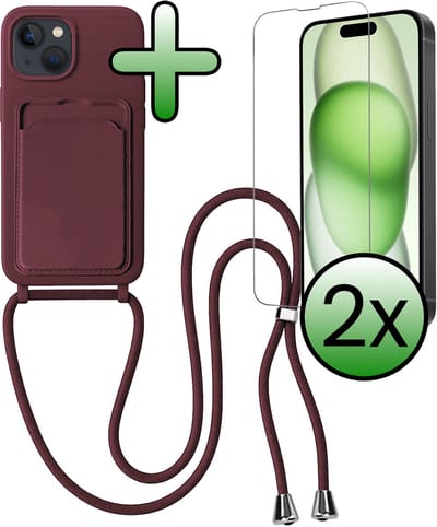 Hoes Geschikt voor iPhone 15 Plus Hoesje Pas Houder Case Hoes Met Koord Met 2x Screenprotector - Hoesje Geschikt voor iPhone 15 Plus Hoes Met Telefoonkoord Pasjeshouder Cover - Aubergine