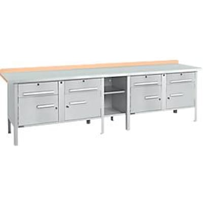 Box-type werkbank Schäfer Shop Select PWi 300-0, beuken multiplex blad, met stalen afdekking, tot 750 kg, B 3000 x D 700 x H 840 mm, blank aluminium