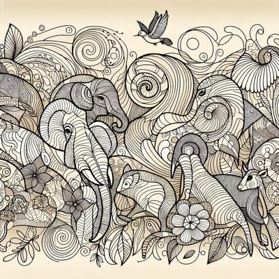 Line art dieren schilderij | Creatief gevormde wezens uit lijnen en woorden samengesteld kunstwerk | Kunst - 40x40 centimeter op Dibond | Foto op Dibond