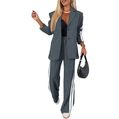 Dames Shirt Broek Set Elegante Dames Formele Jas Broek Set met Gestreepte Wijde Broek Chique Enkelrijs Jasje voor Dagelijks XXXL donkergrijze kleur
