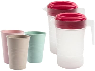 Plasticforte 2x stuks water of limonade schenkkannen - sapkannen - 2 liter - 12x kunststof glazen van 360 ML