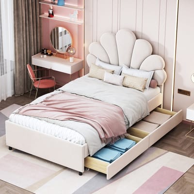 MEUNIQ Kinderbed 90 x 200 cm met lattenbodem en 2 opberglades, gestoffeerd bedframe met bloemvormig hoofdbord voor kinderkamer of logeerkamer, beige