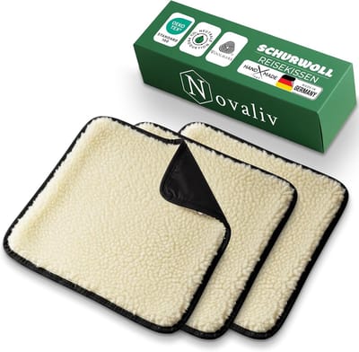 Novaliv 3-delige reiskussenset, naturel, 37 x 37 cm, opvouwbaar en compact, bovenkant van zuivere scheerwol, onderkant van polyamide, waterdicht/waterafstotend, verwarmend - zitkussen voor op reis/terminals/veerboten, geschikt voor rugzakke