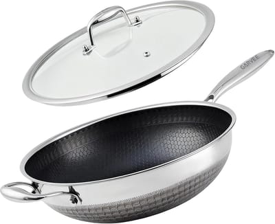 RVS Wokpan met Deksel - 33 cm - Tri-Ply (3-Laags) - Hybride Anti-Aanbaklaag - Inductie & Alle Warmtebronnen - PFOA-vrij