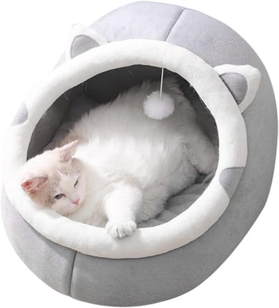 Famanu – Kattenbed voor Binnen – Halfgesloten Kattengrot met Hangend Speeltje en Afneembaar Kussen, Wasbaar en Knus