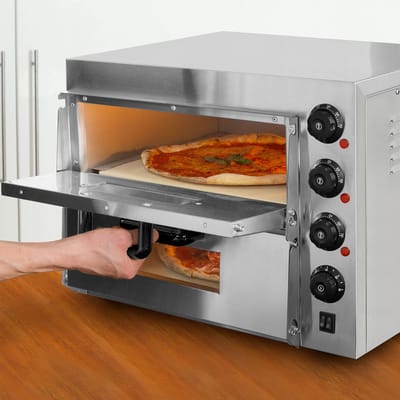 VERTES Gastro-pizzaoven met dubbele ovenruimte, vuurvaste steen, 3000 W, timerfunctie en verlichting, professionele steenoven met roestvrijstalen behuizing, tot 350 °C dubbel