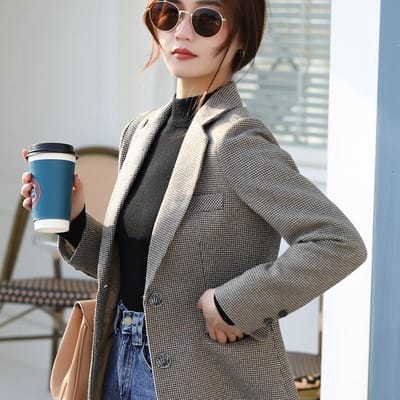 Herfst Dames Slim Langmouw Klein Pak Nieuwe Top Retro Wollen Ruitjes Blazer 2XL gray