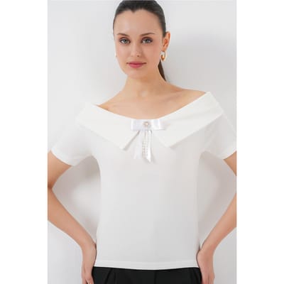 Bootneck Geribde Blouse met Strik