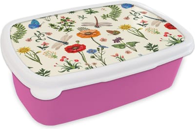 Broodtrommel Roze - Lunchbox - Brooddoos - Insecten - Bloemen - Zomer - Regenboog - Patroon - 18x12x6 cm - Kinderen - Meisje