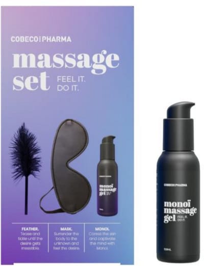 Cobeco Pharma Massage Set – Monoi | 3-delig | Inclusief Massagegel (100 ml), Pluim en Blinddoek | Sensuele Massage Kit