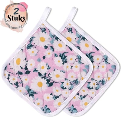 Tavas Mooi Hittebestendige Pannenlappen | 2 Stuks | Katoen, Kerstcadeau, Christmas Gift | roze met Madeliefjes