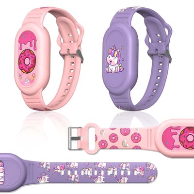 Namajunas - Schattige armband voor Galaxy SmartTag 2 (2023) - Horlogebandje - Siliconen armbandhouder meisje - 2 verstelbare waterdichte armbanden & 2 hoezen - 360° bescherming, stootvast & krasbestendig - Roze donut en paarse eenhoorn