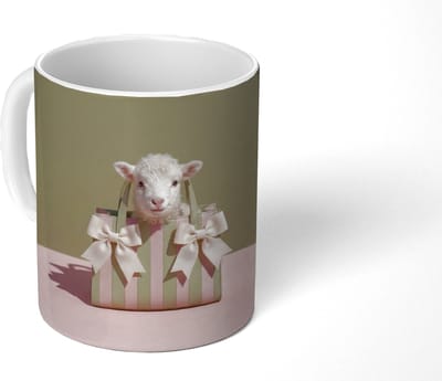 Mok - Koffiemok - Tas - Pastel - Strikjes - Lammetje - Mokken - 350 ML - Beker - Koffiemokken - Theemok