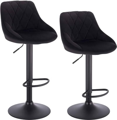 Designer Barkruk Nilo - Met rugleuning - Velvet - Stevig - Ergonomische barstoel - Zithoogte 60 - 82cm - Zwart - Set van 2 - Keuken en bar - In hoogte verstelbaar