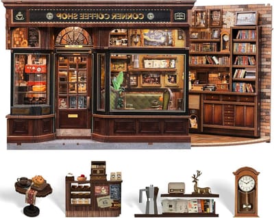 Miniatuur Huis - Boekenkast Decoratie - Hobby Bouwen - Met LED Verlichting - 13x21x17 cm - Koffiehuis Stijl
