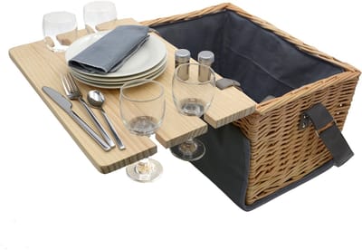 UNUS® Picknickmand set voor 4 personen met serveertafel picknickdeken koeltas en draagriem 33 delig 41x29x24 cm bruin grijs