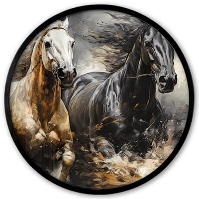 Poster in lijst Rond - Fotolijst 40x40 cm - Posters - Paarden - Zwart - Wit - Dieren - Ronde posterlijst zwart - Decoratie - Wanddecoratie woonkamer - Muurdecoratie slaapkamer