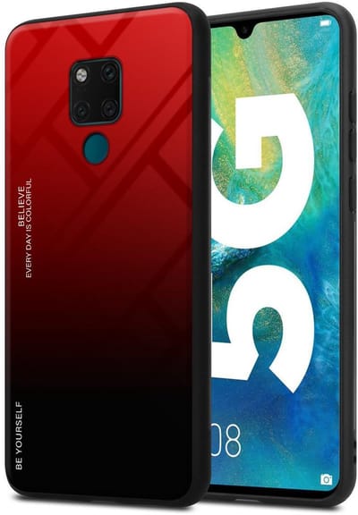 Cadorabo Hoesje geschikt voor Huawei MATE 20 in ROOD - ZWART - Tweekleurige beschermhoes van TPU-silicone Case Cover en achterzijde van gehard glas