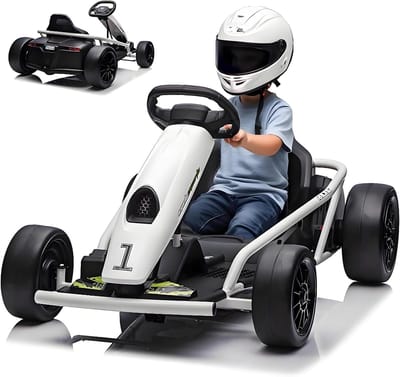 Elektrische Driftkart Kinderen 24V | 2x 300W Motoren, 9Ah Accu, Max 13 km/u | Muziek & Claxon, Belastbaar 70kg | Voor 8-12 Jaar, Wit