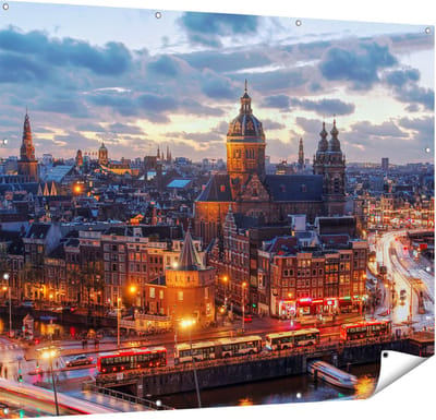 Gards Tuinposter Amsterdam Centrum Luchtfoto Zonsondergang - 150x120 cm - Tuindoek - Tuindecoratie - Wanddecoratie buiten - Tuinschilderij