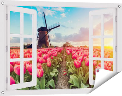 Gards Tuinposter Doorkijk Roze Tulpen Bloemenveld - met Windmolen - 90x60 cm - Tuindoek - Tuindecoratie - Wanddecoratie buiten - Tuinschilderij