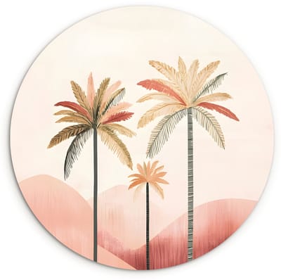 WallCircle® Wandcirkel 120x120 cm - Muurcirkel Palmbomen - Heuvels - Minimalistisch - Zachtroze - Muurdecoratie woonkamer - Wanddecoratie slaapkamer - Kamer decoratie accessoires - Ronde schilderijen XXL