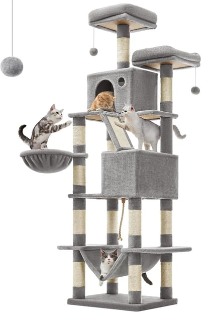 Famanu - grote krabpaal, 206 cm hoog, XXL krabpaal, met 13 krabpalen, 2 platforms, 2 grotten, mand, hangmat, pluche ballen, kattenkrabpaal met meerdere verdiepingen, lichtgrijs PCT190W01